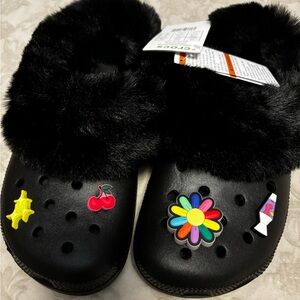 Furry mammoth Crocs with charms NWT